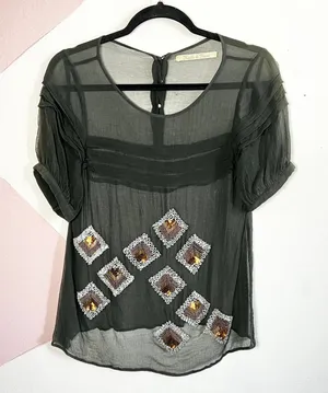 Black Sheer Beaded Top Sz‎ Small Y2K Glam Festival Witchy Dark Boho thumbnail 1