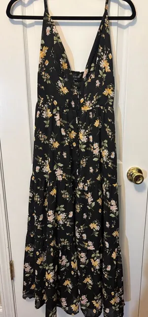 VICI Black Floral Maxi Dress Smocked Back Tiered Boho Small thumbnail 1