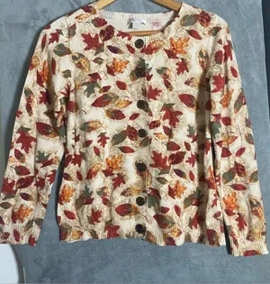 Christopher & Banks Cream Cardigan with Fall Leaf Print Cozy Casual Halloween S thumbnail 1