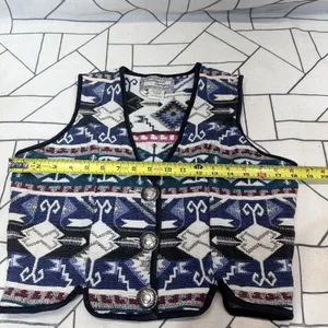 Southwest Canyon Geometric Jacquard Vest M Blue‎ VTG 90s Western Crop Aztec thumbnail 7