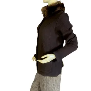 Vtg Y2k Lauren Ralph Lauren Brown Lambswool W/Faux Fur Collar Cardigan (L) thumbnail 4