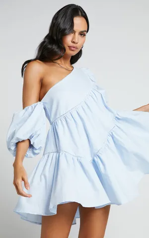 New Showpo Harleen Mini Dress Linen Asymmetrical Trim Puff Sleeve Dress Size XS thumbnail 4