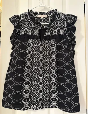 LOFT Black & White Geometric Ruffle Sleeve Blouse thumbnail 1