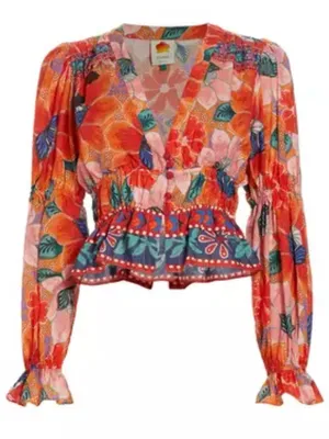 FARM Rio Marias Floral Plunge Neck Peplum Long Sleeve Top Size Medium thumbnail 1