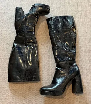 River Island Y2K Black Croc Platform Knee High Boots 10 thumbnail 1