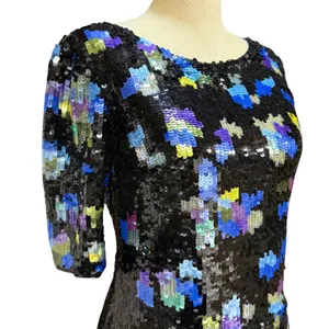 VTG Tracy Reese 4 Floral Sequin Mini Dress Blue Scoop Back Party Glam Evening thumbnail 4