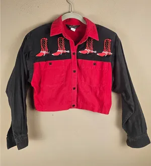 Vintage Panhandle Slim Womens Red Black Cowboys Boots‎ Western Crop Top Shirt Sm thumbnail 1