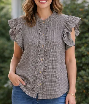 DKNY Black White Gingham Ruffle Flutter Sleeve Blouse Size L thumbnail 1