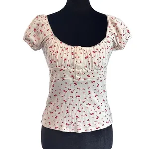 Heart & Hips XS Floral Pointelle Knit Top Cream Red Button Front Cottagecore Milkmaid Regency thumbnail 2