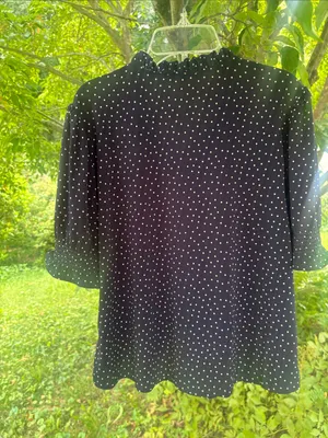 Adrianna Papell navy Blue with White Polka Dot Ruffle V-Neck Blouse thumbnail 3