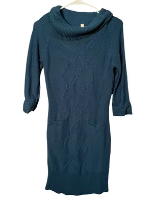 Pink Rose Women’s Size Medium Cowl Neck Sweater Dress Turquoise Green Blue Cable thumbnail 1