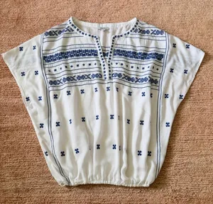 Lucky Brand White Blue Embroidered Boho Peasant Blouse Size Small thumbnail 1