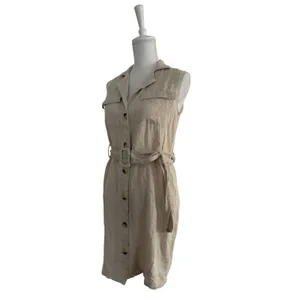 Sih & Sam Women Oatmeal Beige Linen Blend Belted Utility Button Front Dress M thumbnail 3