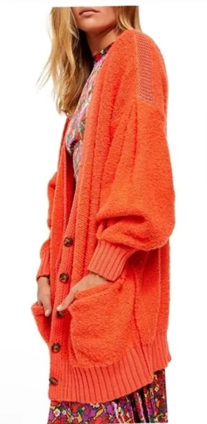 Free People Snow‎ Drop Over Sized Cardigan Orange V Neck Sweater Size Small thumbnail 1