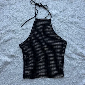 Zara Black Mesh Silver Studded Halter Crop Top Size Small thumbnail 5