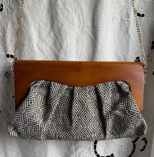 Urban Expression Wood Frame Clutch Black White Geometric Boho Retro Bag thumbnail 1