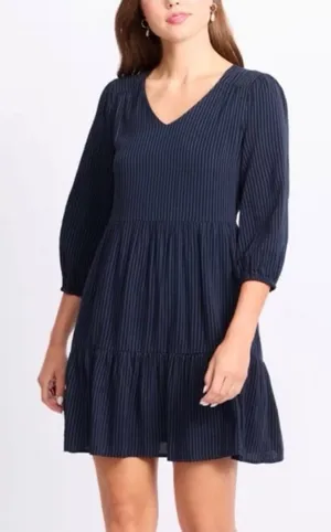 Market & Spruce Navy Striped Tiered V-Neck Mini Dress 3/4 Sleeve Large L thumbnail 1