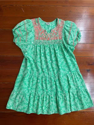 Sister Mary Green Paisley Embroidered Tiered Cotton Mini Boho Dress Sz S 🧡🎀 thumbnail 7
