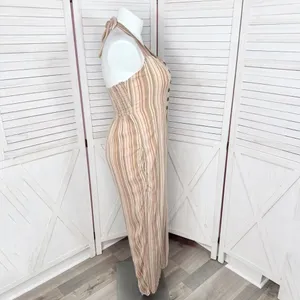 American Eagle Boho Striped Gauze Wide Leg Smocked Jumpsuit‎ Beige Large thumbnail 4