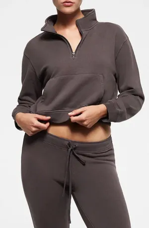 Skims Half Zip Sweater Cropped French Terry Pullover Chocolate Brown Size Small thumbnail 1