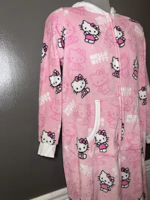 Hello Kitty One Piece Pajamas Womens XL Pink Hooded Fleece One-piece Sleepwear thumbnail 5