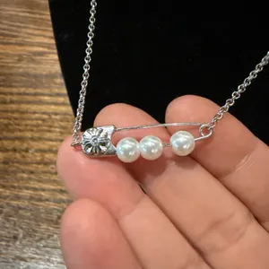 Safety Pin Pearl Necklace – Functional Pin Opens Silver thumbnail 3