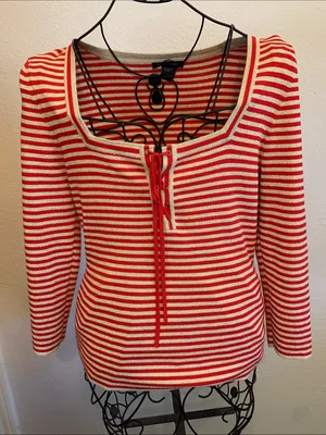 🚨🚨🚨BOGOHO🚨🚨🚨Boston Proper Striped Lace-Up Top - Red & Gold Shimmer-M thumbnail 2