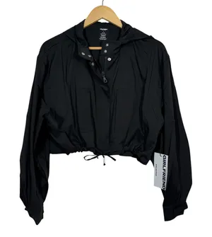 Girlfriend Collective Windbreaker Jacket Women XS Black Full Zip Hoodie Crop NWT thumbnail 1