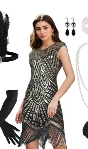 1920 Gold Sequin Fringed Gatsby Flapper Cocktail Dress Costume Accessories LARGE thumbnail 1