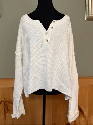 Sincerely Jules Waffle Knit V-Neck Henley Sweater oversized relaxed Size L NWT thumbnail 1