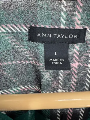 Ann Taylor sheer button front plaid puff sleeve top L professional office casual thumbnail 6