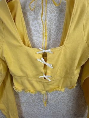 Free People Mellow Yellow Cropped Dancing Queen Bow Cutout Top - Size - Large thumbnail 10