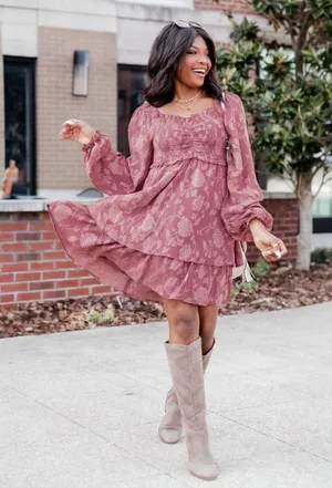 Pink Lily | Textured Floral Long Sleeve Cinched Bust Smocked Mini Tiered Dress L thumbnail 1