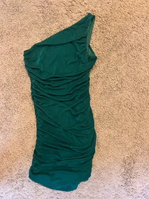 Lucy in the Sky Ruched One Shoulder Dress in Green thumbnail 2