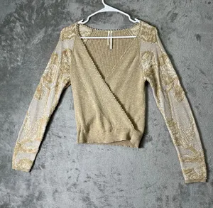 Anthropologie Gold Metallic Knit Surplice Wrap Top Sheer Lace Sleeve Balletcore thumbnail 1