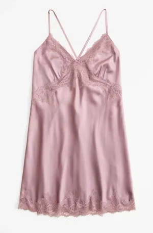 Abercrombie & Fitch Elegant Lace Trim Satin Chemise - Pink M thumbnail 1