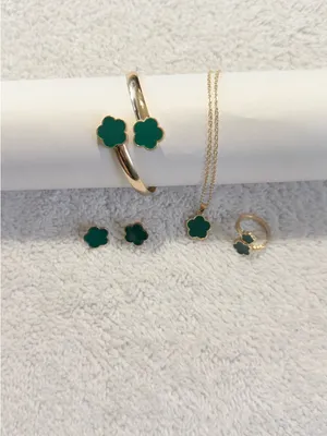 4pc green Clover Jewelry Set - Green Enamel Necklace, Bracelet, Ring & Earrings thumbnail 5