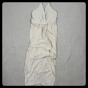 Mable Ruched‎ Wrap Maxi Dress Beige Spaghetti Strap Halter Neck Size S thumbnail 2