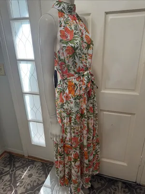 Petal&Pup Floral Halter Maxi Dress in White with Orange & Green Size 4 thumbnail 10