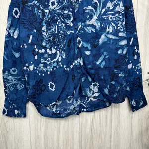 Anthropologie Pilcro The Tavi Ruffled Button Down Blouse Blue Batik Floral Small thumbnail 6