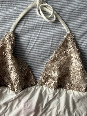 Edikted Hallie Sequin Halter Tank Top in Cream and White - Women's, size M thumbnail 5