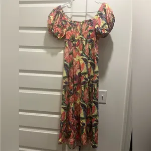 Farm Rio x Anthropologie Puff-Sleeve Sweetheart Linen‎ Midi Dress size XS thumbnail 8