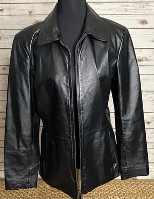 Worthington black 100% genuine leather full zip long sleeve jacket Size Small thumbnail 1