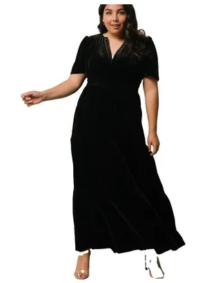 Baltic Born Size 3x Black Artemis Velvet Maxi Dress Tiered V Neck thumbnail 1