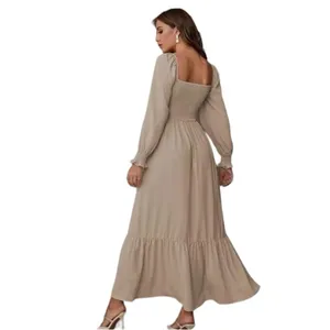 Khaki Smocked Maxi Dress Large Boho Square Neck Ruffle Hem Festival thumbnail 2