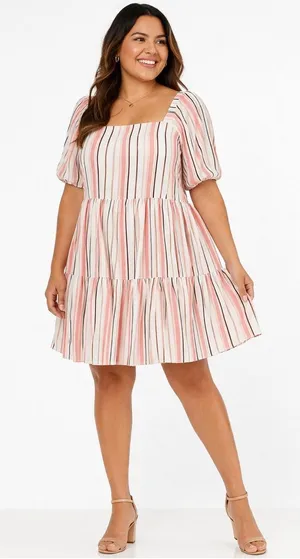 Gabby Skye Striped Babydoll Dress Puff Sleeve‎ Square Neck Pink Beige 18W Pastel thumbnail 1