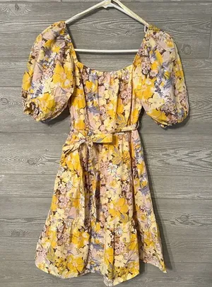 Sim & Sam Yellow Floral Puff Sleeve Tiered Mini Dress Smocked‎ Back XS thumbnail 1