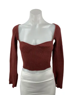 Urban Outfitters Brown Ribbed Knit Long Sleeve Bustier Corset Crop Top Size M thumbnail 1
