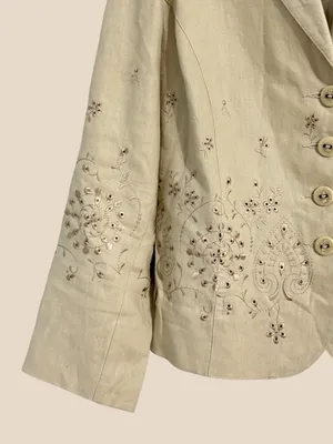 Carole Little Linen Embroidered Blazer Jacket Tan Button Front Floral Eyelet 16W thumbnail 7
