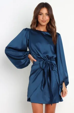 Petal & Pup Opal Navy Blue Satin Long Balloon Sleeve Wrap Mini Dress 4 thumbnail 11